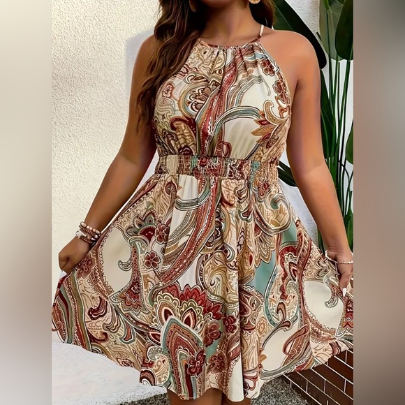 Boho Summer Dress, Plus Size Floral & Paisley Print Shirred Waist Halter - Picture 2 of 9